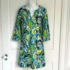 Jude Connally Megan Tunic Dress 3/4 Sleeve M Turquoise Fanfare lime green white